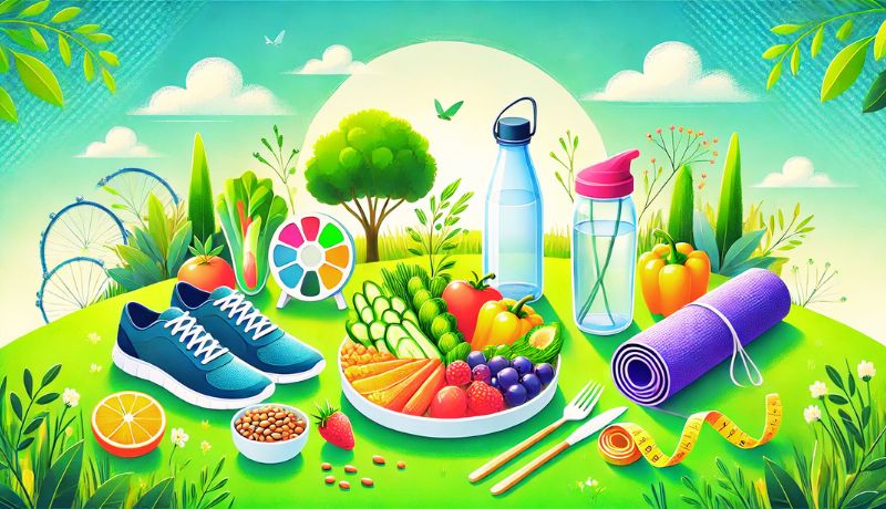 A plate of fruits and veggies and grains, running shoes, a water bottle, and a yoga mat