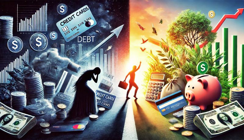 A side-by-side comparison—one side showing a person drowning in debt (credit cards, loans), the other showing a person breaking free with savings and investments.