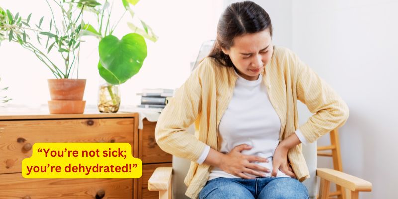 A woman wearing a white shirt and beige cardigan sits on a chair, holding her stomach in discomfort. 