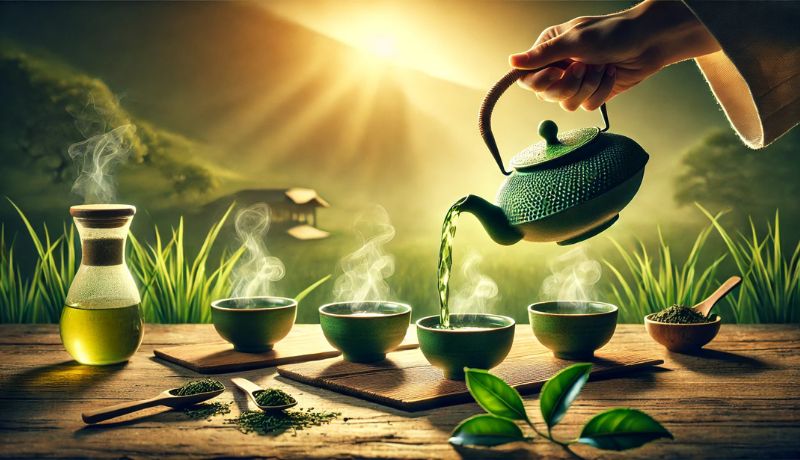 A person pouring green tea from a traditional teapot into four tea cups, representing the recommended daily intake for health benefits.