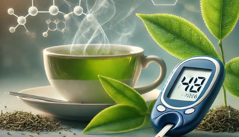 A steaming cup of green tea, fresh green leaves, and symbolic elements representing blood sugar control.
