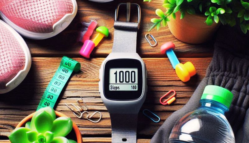 A collection of items for fitness that include a smartwatch, a pair of pink runners, measuring tape, a water bottle, etc.
