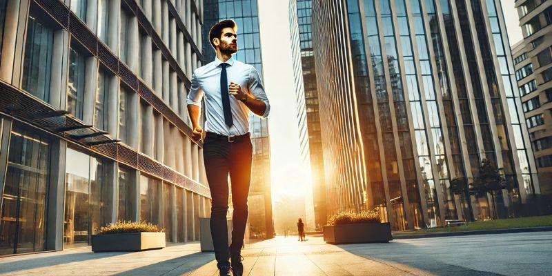 A fit professional in business attire jogging near an office building at sunrise, symbolizing the link between physical fitness and financial success.