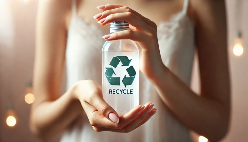 A close-up of hands holding a clear plastic beauty product bottle with a recycling symbol, highlighting responsible disposal and eco-conscious choices.