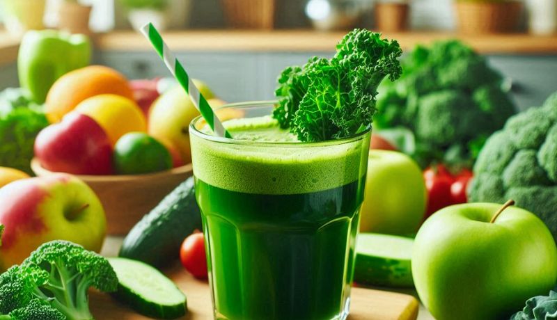 A glass of green juice with a green and white striped straw and a piece of kale as garnish. The juice is surrounded by various fresh fruits and vegetables, including apples, cucumbers, broccoli, and others.