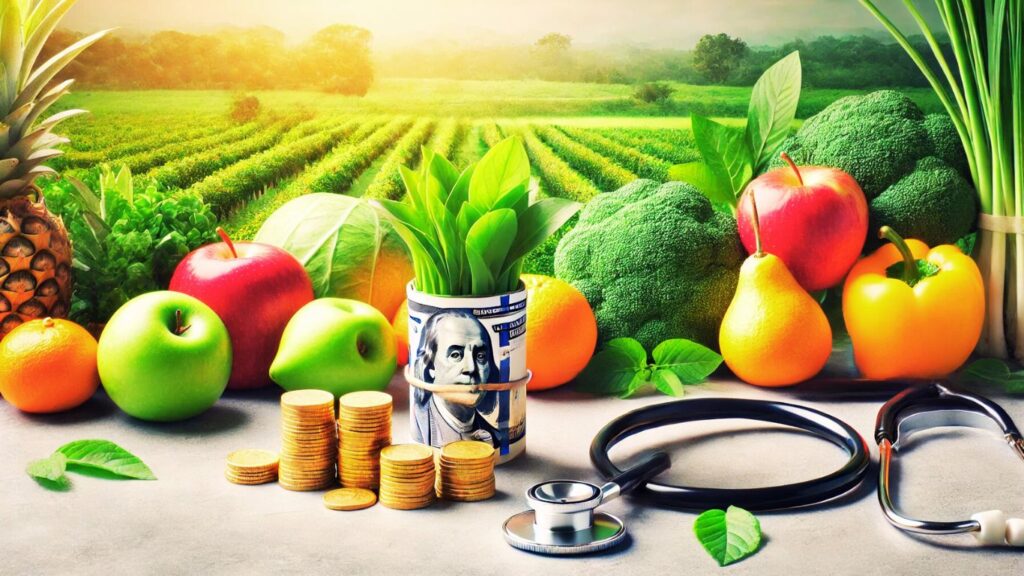 A stethoscope resting-on-a-stack of gold coins and dollar bills surrounded by vibrant fresh fruits and vegetables