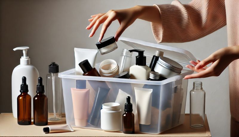 A person dropping empty beauty product containers, including jars, tubes, and bottles, into a clear recycling bin, promoting responsible disposal and sustainability.