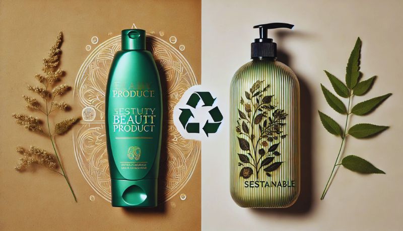 A split-screen comparison of two beauty products—one in traditional plastic packaging and the other in sustainable, eco-friendly packaging, illustrating the impact of packaging choices.