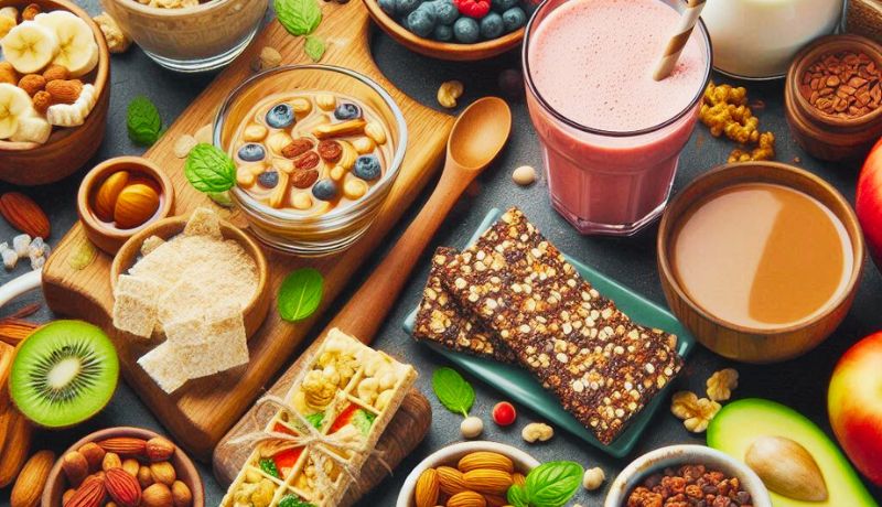 A variety of healthy foods and snacks arranged on a table including bowls of nuts, seeds, and berries, a glass of pink smoothie, a cup of coffee or tea, a bowl of yogurt topped with blueberries and nuts, granola bars.