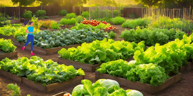 Garden of assorted fresh vegetables with a woman jogging