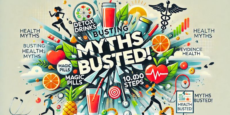 An illustration of health myths breaking apart, with icons of detox drinks and pills on the left and evidence-based health symbols like fruits and a stethoscope on the right. Text reads 'Myths Busted!