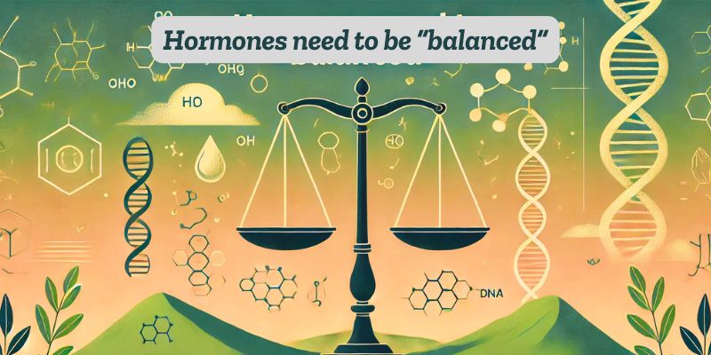 A balanced scale surrounded by scientific and biological elements, such as DNA strands and chemical structures. of nature. The text reads, "Hormones need to be balanced."