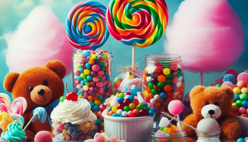 A colorful and whimsical assortment of sweets and toys, including teddy bears, candies, lollipops, cotton candy, and ice cream.