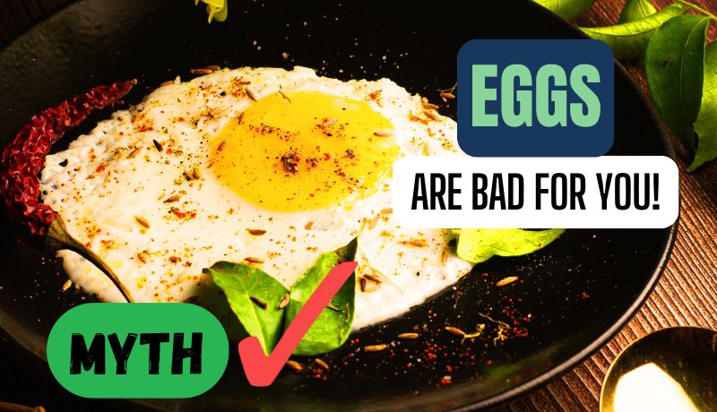 The image shows a cooked egg on a black plate garnished with spices and herbs. There is a red chili pepper on the left side of the plate. The text on the image reads "EGGS ARE BAD FOR YOU!"