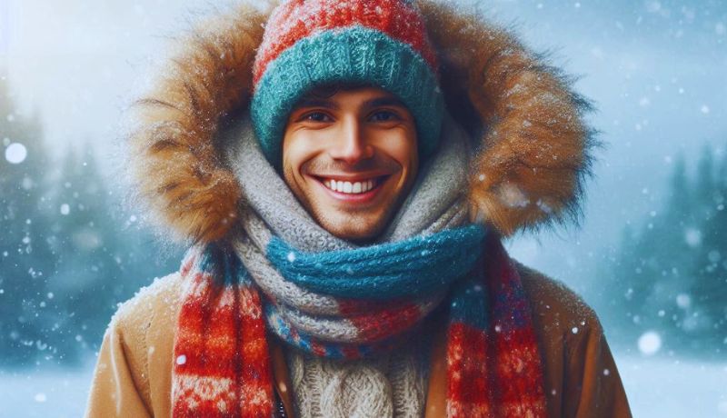 A person dressed in winter clothing, including a fur-lined hood, a knitted hat, a thick scarf, and a coat in a background of a snowy, forested landscape with falling snowflakes.