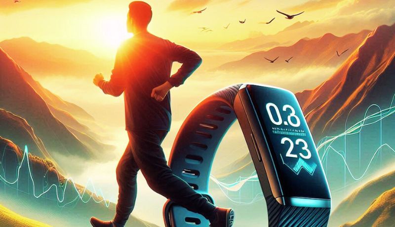 The image shows a person running in a mountainous landscape during sunrise or sunset, with a fitness tracker prominently displayed in the foreground.