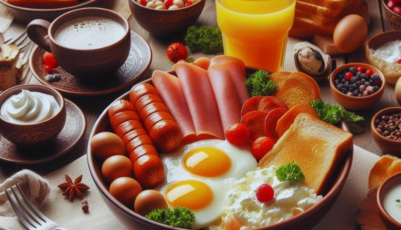 A well-arranged breakfast spread with sunny-side-up eggs, sausages, ham, cherry tomatoes, toast, and various bowls and cups containing coffee, orange juice, berries, nuts, and spices.