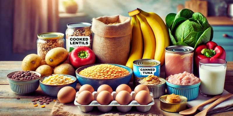 A variety of nutritious and affordable food items arranged on a wooden kitchen table