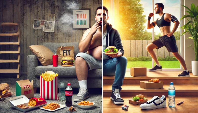 A split image depicting a contrasting lifestyle: on the left side, a person sits on a couch in a cluttered room, holding a hamburger, and surrounded by fast food items, while on the right side, a fit person sits on steps in a bright, holding a healthy-looking sandwich, and surrounded by healthier food options.