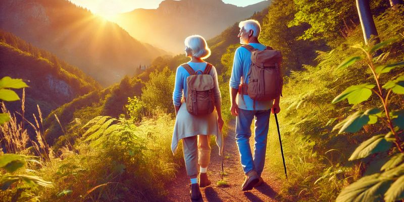 An elderly couple with backpacks hiking along a scenic mountain trail at sunset, surrounded by lush greenery. The warm golden light highlights their active and healthy lifestyle, symbolizing a fulfilling retirement.