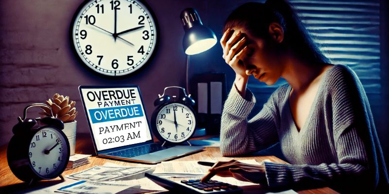 Woman struggling with financial stress at night, surrounded by bills and a calculator.