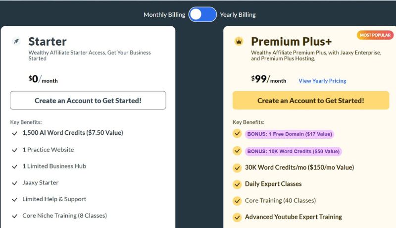 A comparison chart of Wealthy Affiliate membership options, showcasing the Starter plan at $0/month and the Premium Plus+ plan at $99/month. The chart highlights key benefits for each plan, including AI word credits, training courses, website hosting, and expert support.